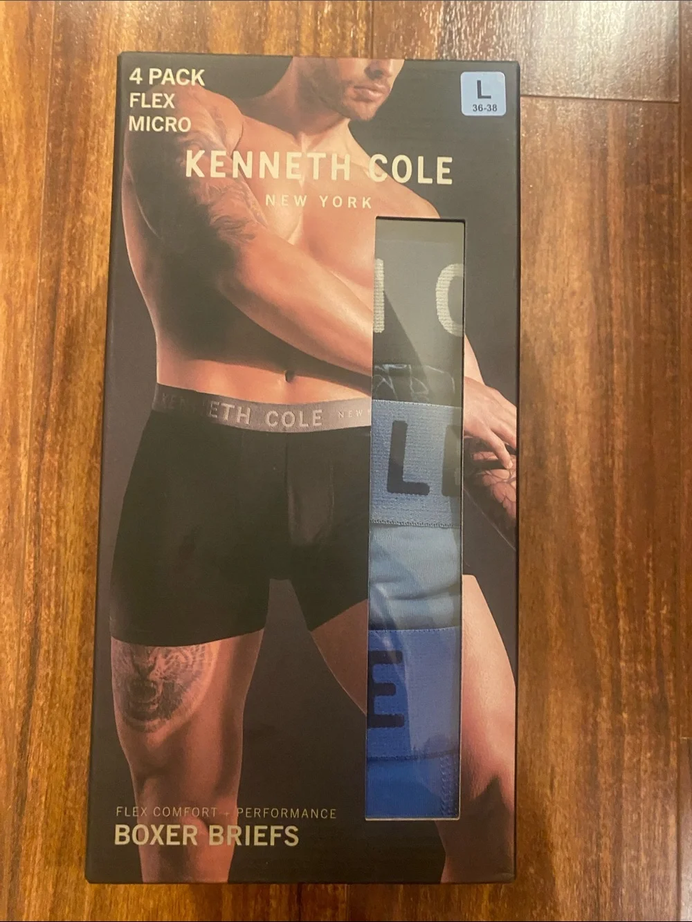 New Kenneth Cole Men’s 4-Pack Flex Micro Boxer Briefs - Black & Blue Tones